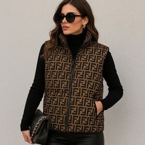Fendi Roma Reversible FF Monogram Down Puffer Vest Brown Black 48 Italy Unisex